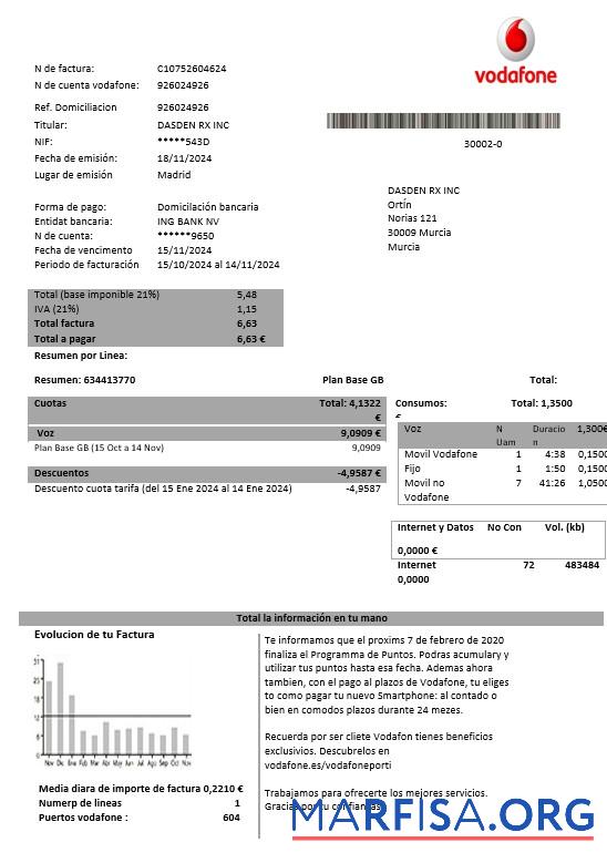Blank Spain Vodafone telecommunications business utility bill template in Word and PDF formats